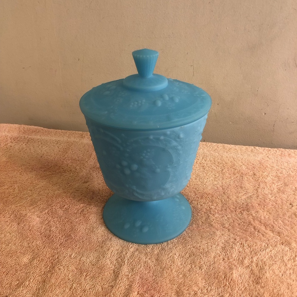 Vintage Fenton Frosted Blue Glass Pedestal Covered Candy/Compote Dish